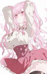  absurdres blush breasts buttons clothing_cutout female flower frilled_shirt frills hair_flower hair_ornament high-waist_skirt highres hololive hololive_english kamiya_maneki large_breasts long_hair mori_calliope mori_calliope_(kawaiiope) pink_eyes pink_hair pink_skirt shirt shoulder_cutout signature skirt solo thigh_strap twitter_username virtual_youtuber white_flower 