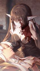  1boy absurdres amakusa_shirou_(fate) artist_request ascot black_hair blood blood_on_clothes blood_on_face breasts chinese_commentary cleavage commentary_request commission earrings fate/grand_order fate_(series) female highres holding_hands jewelry large_breasts long_hair looking_at_another lying on_back pointy_ears second-party_source semiramis_(fate) shirt very_long_hair white_hair yellow_eyes 