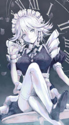  absurdres apron artist_name black_dress black_ribbon black_shoes blue_bow bow braid breasts cigarette clock collared_shirt cowlick crossed_legs dress female frilled_apron frills grey_eyes grey_hair hair_between_eyes hairbow hand_up high_heels highres holding holding_cigarette izayoi_sakuya k4ja0002 looking_at_viewer maid_headdress medium_breasts medium_hair neck_ribbon parted_lips puffy_short_sleeves puffy_sleeves ribbon shirt shoes short_sleeves signature sitting smile solo thighhighs touhou twin_braids waist_apron white_apron white_shirt white_thighhighs wrist_cuffs 