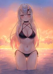  alternate_costume ass_visible_through_thighs bikini black_bikini black_choker breasts center-flap_bangs choker cleavage closed_mouth cloud commentary_request female gradient_hair grey_hair hair_between_horns highres hololive horns leeshin0919 long_hair looking_at_viewer multi-strapped_bikini_top multicolored_hair nakiri_ayame navel ocean oni outdoors red_eyes red_hair side-tie_bikini_bottom skin-covered_horns smile solo standing straight-on string_bikini sunset swimsuit thigh_gap virtual_youtuber wading 