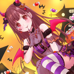  animal bare_shoulders bat_(animal) blue_skirt breasts brown_hair candy_wrapper closed_mouth commentary_request demon_horns demon_wings dutch_angle feet_out_of_frame female gloves grey_gloves halloween halloween_bucket hand_up highres horns idolmaster idolmaster_shiny_colors looking_at_viewer medium_breasts patchwork_clothes pink_wings polka_dot polka_dot_skirt red_eyes rino_cnc see-through_cleavage see-through_clothes sitting skirt solo sonoda_chiyoko star_(symbol) striped_clothes striped_thighhighs thighhighs tongue tongue_out wings 