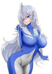  absurdres blue_bodysuit blue_eyes blue_gloves blue_hair bodysuit breasts collarbone color_timer colored_eyelashes commentary commentary_typo contrapposto covered_navel cowboy_shot crossed_bangs curled_fingers dated dorsal_fin female floating_hair genderswap_(mtf) gloves groin hair_between_eyes headgear highres humanization large_breasts leaning_forward legs_together long_hair looking_at_viewer multicolored_bodysuit parted_lips rule_63 signature silver_bodysuit simple_background skin_tight smile solo tokusatsu two-tone_bodysuit ultra_series ultraman_cosmos ultraman_cosmos_(luna_mode) ultraman_cosmos_(series) white_background wide_hips yi_(user_jwth4284) 