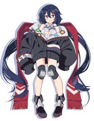  absurdres allen_m._sumner_(azur_lane) azur_lane black_boots black_jacket blue_hair boots breasts clothing_cutout collar commission female fringe_trim full_body highres jacket knee_pads long_hair long_sleeves noyama_takenoko pixiv_commission red_eyes red_scarf scarf small_breasts standing star_sticker swept_bangs twintails underboob underboob_cutout very_long_hair white_background 