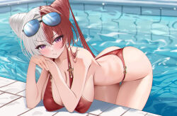  akipopopopoon ass azur_lane bikini black-framed_eyewear blush breasts chao_ho_(azur_lane) chao_ho_(azur_ripples_shimmering_sun)_(azur_lane) cleavage closed_mouth commentary_request cone_hair_bun elbow_rest eyewear_on_head female hair_bun hair_intakes highres large_breasts leaning_forward long_hair looking_at_viewer multicolored_hair no_shirt official_alternate_costume poolside red_bikini red_hair solo split-color_hair sunglasses swimsuit thighs tile_floor tiles twintails v-shaped_eyebrows water white_hair 