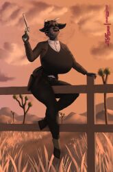  absurd_res accipitrid accipitriform anthro avian bathory_black_(therealnarrowjungle) belt belt_buckle big_breasts bird black_body black_fur black_hair black_lips boots bottomwear bovid breasts brown_clothing brown_jacket brown_topwear buckle buckteeth button_(fastener) caprine cheek_tuft clearvision clothed clothing cloud collared_shirt cowboy_boots cowboy_outfit detailed_background dress_shirt duster_coat eagle eyebrows eyelashes eyeliner facial_hair facial_tuft female fence fencepost fingers footwear fur goat goatee grass gun hair handgun hi_res hill holding_object holding_ranged_weapon holding_weapon holster hoof_shoes hooved_fingers hooves horn huge_breasts jacket knife knife_sheath lips looking_at_viewer makeup mammal ocular_prosthetic pants pinup pistol plant pose prosthetic raised_arm ranged_weapon red_eyes revolver shirt shoes short_hair signature sitting_on_fence sitting_on_object sky smile smiling_at_viewer solo sunset teeth teeth_showing topwear tree tuft vest weapon white_clothing white_shirt white_topwear 