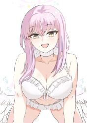  all_fours bikini blue_archive blunt_bangs blush breasts choker cleavage cowgirl_position frilled_bikini frills from_below halo large_breasts long_hair looking_at_viewer low_wings mika_(blue_archive) mika_(swimsuit)_(blue_archive) open_mouth pink_hair retosato0147 swimsuit white_bikini white_choker white_wings wings yellow_eyes 