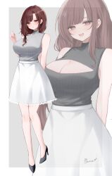  a-line_skirt absurdres arm_behind_back bare_arms bare_legs black_ribbon black_shirt black_shoes blush border breasts brown_eyes brown_hair cleavage cleavage_cutout closed_mouth clothing_cutout commentary commission cowboy_shot different_zoom_layer dot_nose female fingernails frilled_skirt frills full_body grey_background grey_shirt hair_over_shoulder hair_ribbon hand_up high_heels highres knees_together_feet_apart large_breasts long_hair looking_at_viewer low-tied_long_hair medium_skirt open_mouth original outside_border ribbed_shirt ribbon sana_(sanamaru_0w0) shirt shirt_tucked_in shoes signature simple_background skeb_commission skirt sleeveless sleeveless_shirt smile solo standing teeth turtleneck turtleneck_shirt variations wavy_mouth white_border white_skirt zoom_layer 