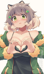  animal_ears arashimiya_kiharu_(kuromiya) breasts cleavage commentary_request female green_eyes grey_hair hair_ornament heart heart-shaped_boob_challenge heart_hands kuromiya large_breasts looking_at_viewer multicolored_hair open_mouth original simple_background solo two-tone_hair white_background white_hair 