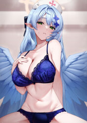  absurdres blue_archive blue_bra blue_hair blue_panties blue_wings blurry blurry_background bra breasts cleavage commentary_request cross_hair_ornament feathered_wings female green_eyes hair_intakes hair_ornament hat highres large_breasts looking_at_viewer low_wings mine_(blue_archive) navel nurse_cap panties pointy_ears seele0907 solo stomach underwear wings 