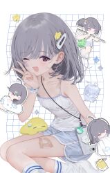  absurdres bandaid bare_shoulders bathtub black_hair blush chibi female hair_ornament highres looking_at_viewer one_eye_closed open_mouth original red_eyes shiratsuyu_mone shirt sitting sleeveless smile socks sweat tile_wall tiles v 