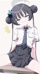  black_hair black_skirt blue_archive blue_necktie breast_pocket brown_background butterfly_hair_ornament collared_shirt double_bun female grey_eyes grey_halo grin hair_bun hair_ornament halo hand_on_table head_tilt highres kisaki_(blue_archive) kisaki_(school_uniform)_(blue_archive) long_hair necktie on_table pleated_skirt pocket sabana school_uniform shirt simple_background skirt smile smug solo spoken_expression spread_legs striped_necktie table teeth very_long_hair white_shirt 