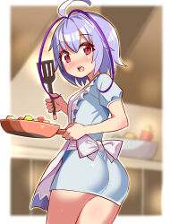  ahoge antenna_hair apron arms_up ass azure_striker_gunvolt azure_striker_gunvolt_1 bare_legs blurry blurry_background blush commission cooking cougar_(cougar1404) female food from_behind frying_pan holding holding_frying_pan holding_spatula joule_(gunvolt) looking_at_viewer medium_hair multicolored_hair open_mouth purple_hair red_eyes skeb_commission solo spatula two-tone_hair upper_body 