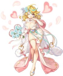  ahoge artist_request bare_legs blonde_hair blue_hair bouquet breasts cleavage earrings falling_petals female flower full_body game_cg gan_ning_(legend_clover) groin hair_flower hair_ornament hand_to_own_mouth highres holding holding_bouquet jewelry large_breasts legend_clover multicolored_hair no_panties official_alternate_costume official_art one_eye_closed orange_eyes petals solo standing standing_on_one_leg third-party_source transparent_background two-tone_hair 