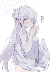  absurdres blue_archive blunt_bangs blush closed_mouth collared_shirt commentary_request covered_nipples eryuus3 eyelashes feathered_wings female from_side hair_bun halo hands_up highres lips long_hair looking_at_viewer low_wings mika_(blue_archive) no_bra own_hands_together pink_hair pink_halo shirt sidelocks simple_background single_side_bun sleeveless sleeveless_shirt solo steepled_fingers straight_hair translation_request very_long_hair white_background white_shirt white_wings wings yellow_eyes 