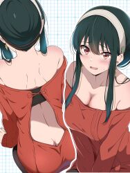  absurdres ass back_cutout bare_shoulders black_hair borgbutler breasts butt_crack clothing_cutout commentary_request female hair_bun hairband highres large_breasts multiple_views off-shoulder_sweater off_shoulder open_mouth red_eyes red_sweater seiza short_hair_with_long_locks simple_background sitting spy_x_family sweater white_hairband yor_briar 