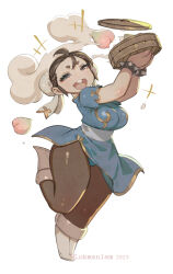  black_eyes black_hair black_pantyhose blue_dress boots breasts chibi chun-li dated double_bun dress female food hair_bun highres lokman_lam medium_breasts pantyhose short_sleeves simple_background solo standing standing_on_one_leg street_fighter teeth twitter_username upper_teeth_only white_background white_boots 