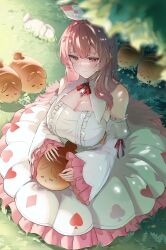  absurdres aisu_(88) animal animal_on_lap bare_shoulders breasts cleavage detached_sleeves dress female frilled_dress frilled_sleeves frills gem grass highres huge_breasts indie_virtual_youtuber long_hair long_sleeves off-shoulder_dress off_shoulder on_grass on_lap pink_frills pink_gemstone pink_hair pinku_(vtuber) rabbit shade solo sunlight tree_shade virtual_youtuber white_dress white_sleeves 