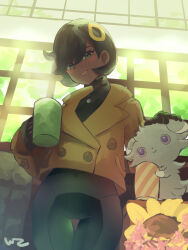  black_bodysuit black_hair blue_eyes blush bodysuit bodysuit_under_clothes breasts brown_jacket can closed_mouth cup dark-skinned_female dark_skin drink_can e-co emma_(pokemon) espurr female flower gloves holding holding_cup jacket looking_at_viewer mega_stone open_mouth pokemon pokemon_(creature) pokemon_legends:_z-a short_hair smile soda_can teeth 
