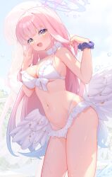  absurdres akovo bikini blue_archive blush breasts choker cleavage commentary_request feathered_wings female frilled_bikini frilled_bikini_bottom frilled_bikini_top frills gradient_eyes halo hands_up highres large_breasts long_hair looking_at_viewer low_wings mika_(blue_archive) mika_(swimsuit)_(blue_archive) multi-strapped_bikini_bottom multicolored_eyes navel official_alternate_costume official_alternate_hairstyle open_mouth pink_hair pink_halo scrunchie simple_background smile solo stomach swimsuit thighs wet white_background white_bikini white_choker white_wings wing_ornament wings wrist_scrunchie 