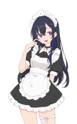  :d apron black_dress black_hair blush choker chuckeyeroll298 dress female frills hair_between_eyes highres ichinose_uruha long_hair looking_at_viewer maid maid_apron maid_headdress open_mouth puffy_short_sleeves puffy_sleeves purple_eyes purple_hair short_sleeves smile solo thigh_strap very_long_hair virtual_youtuber vspo! white_apron white_background 