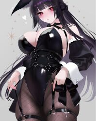  707arisu absurdres alternate_costume animal_ear_fluff animal_ears bare_shoulders black_hair black_leotard black_pantyhose breasts commentary cowboy_shot detached_sleeves female fingernails fishnet_pantyhose fishnets fox_ears fox_girl heart highleg highleg_leotard highres hoshimi_miyabi large_breasts leotard long_fingernails long_hair looking_at_viewer pantyhose parted_lips red_eyes signature simple_background skindentation solo very_long_hair white_background zenless_zone_zero 