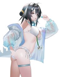  :o absurdres ahoge arknights ass badge bare_shoulders bikini black_eyes black_hair breasts bright_pupils candy commentary_request cowboy_shot female food frilled_bikini_bottom goggles goggles_around_neck grey_background grey_hair hair_between_eyes hair_bun hair_ornament hair_over_shoulder highres holding holding_candy holding_food jacket la_pluma_(arknights) large_breasts ligod long_hair long_sleeves looking_at_viewer multicolored_hair off_shoulder official_alternate_costume open_clothes open_mouth side-tie_bikini_bottom sidelocks simple_background single_hair_bun solo straight_hair swim_goggles swimsuit thigh_strap thighs two-tone_hair white_background white_bikini white_jacket white_pupils 