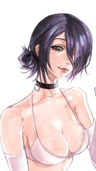  black_hair bra breasts chainsaw_man choker closed_mouth dromi999 elbow_gloves female gloves green_eyes hair_bun hair_over_one_eye highres lace-trimmed_bra lace_trim looking_at_viewer medium_breasts reze_(chainsaw_man) simple_background solo underwear white_background white_bra white_gloves 