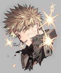  1boy absurdres bakugou_katsuki blonde_hair blood blood_on_face boku_no_hero_academia bright_pupils cropped_shoulders grey_background highres looking_at_viewer male_focus misa_(jjin_miryeon) red_eyes shirt short_hair signature simple_background solo spiked_hair torn_clothes torn_shirt white_pupils 