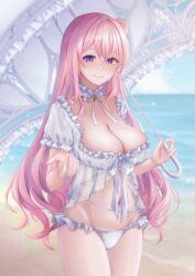  absurdres akatsuki+9 beach bikini blue_sky blurry blurry_background blush breasts closed_mouth cloud collar commentary cowboy_shot day dorothy_(nikke) dorothy_(serendipity)_(nikke) female fingernails frilled_bikini frilled_collar frilled_sleeves frills goddess_of_victory:_nikke groin hair_between_eyes hair_bun hands_up highres holding holding_umbrella horizon large_breasts light_particles long_hair looking_at_viewer navel neck_ribbon nose_blush ocean offering_hand official_alternate_costume outdoors parasol pink_hair puffy_short_sleeves puffy_sleeves purple_eyes ribbon short_sleeves single_side_bun sky smile solo sparkle standing stomach swimsuit umbrella very_long_hair wavy_hair white_bikini white_collar white_ribbon 