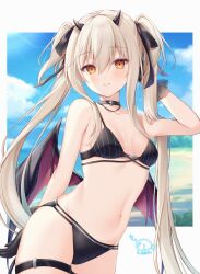  bikini black_bikini black_choker black_gloves black_horns black_ribbon blonde_hair blue_sky blush breasts choker closed_mouth cloud collarbone commentary_request cowboy_shot day demon_horns demon_wings female gloves hair_ribbon hand_up highres horns kiri_celea long_hair looking_at_viewer navel orange_eyes original outdoors ribbon sky small_breasts smile solo swimsuit thigh_strap twintails wings 
