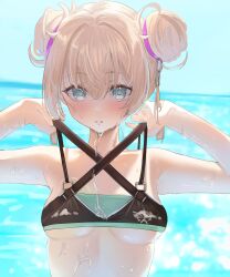  absurdres aqua_eyes bikini black_bikini blonde_hair blue_sky blurry blurry_background breasts cloud commentary_request criss-cross_halter day double-parted_bangs double_bun female hair_between_eyes hair_bun halterneck hands_up highres hololive holonatsu_paradise kazama_iroha kazama_iroha_(holonatsu_paradise) layered_bikini looking_at_viewer medium_breasts nekoi_(nekoi_0116) ocean official_alternate_costume official_alternate_hairstyle outdoors parted_lips short_hair sky solo strap_lift swimsuit upper_body virtual_youtuber wet 