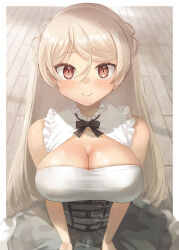  blush breasts brown_eyes cleavage cleavage_cutout clothing_cutout conte_di_cavour_(kancolle) conte_di_cavour_nuovo_(kancolle) corset dress female frilled_dress frills gloves grey_dress grey_hair indoors kantai_collection large_breasts layered_dress long_hair looking_at_viewer smile solo toka_(marchlizard) two-tone_dress two_side_up upper_body white_dress white_gloves wooden_floor 