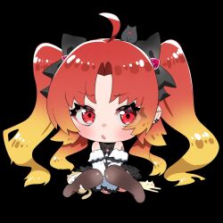  ahoge black_background black_bow black_bowtie black_skirt blonde_hair blush bow bowtie cat_hair_ornament chibi clothing_cutout ear_piercing earrings female hair_ornament hairbow highres hinokami_hikone indie_virtual_youtuber jewelry long_hair piercing pink_brooch red_eyes red_hair second-party_source shirt shoulder_cutout skirt solo sui_hi_sf thighhighs white_shirt 