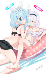  2girls absurdres aqua_eyes aqua_hair aqua_halo arona_(blue_archive) bikini black_bikini black_hairband blue_archive blush closed_eyes closed_mouth feet_out_of_frame food food_in_mouth hair_over_one_eye hairband halo highres holding holding_food holding_popsicle looking_at_viewer looking_back melting_popsicle multicolored_hair multiple_girls pink_hair plana_(blue_archive) popsicle popsicle_in_mouth red_halo scopedog_12 signature simple_background smile swim_ring swimsuit white_background white_bikini white_hair white_hairband 