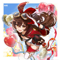  absurdres amber_(100_outrider)_(genshin_impact) amber_(genshin_impact) balloon blurry blurry_background boots border breasts brown_eyes brown_hair chinese_commentary crossed_bangs female floating_hair genshin_impact gloves goggles goggles_on_head hair_between_eyes hairband heart_balloon highres long_hair long_sleeves looking_at_viewer medium_breasts official_alternate_costume official_art open_mouth red_gloves red_thighhighs smile solo teeth thigh_boots thighhighs two-tone_gloves vision_(genshin_impact) white_boots white_border white_gloves 