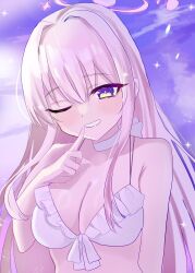 bikini blue_archive blunt_bangs blush breasts choker cleavage finger_to_mouth frilled_bikini frills halo highres large_breasts long_hair looking_at_viewer mika_(blue_archive) mika_(swimsuit)_(blue_archive) one_eye_closed pink_hair swimsuit white_bikini white_choker yellow_eyes yoshino_(mfmfpng) 