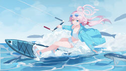  absurdres ahoge ankle_strap beads bikini bikini_skirt blue-tinted_eyewear blue_archive blue_eyes blue_jacket chinese_commentary collarbone commentary day eyewear_on_head fanshuimucishen female fish floating_clothes floating_hair full_body grin hair_beads hair_between_eyes hair_ornament halo heterochromia highres holding hoshino_(blue_archive) hoshino_(swimsuit)_(blue_archive) jacket long_hair long_sleeves looking_at_viewer making-of_available navel ocean official_alternate_costume official_alternate_hairstyle open_clothes open_jacket orange_eyes pink_hair pink_halo sandals sky slides smile solo splashing standing sunglasses surfboard surfing swimsuit tinted_eyewear twintails water white_bikini white_sandals 