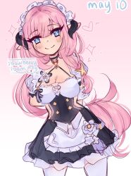  apron artist_name black_choker black_dress blue_eyes breasts butterfly_hair_ornament choker cleavage commentary dated dress elysia_(honkai_impact) elysia_(miss_pink)_(honkai_impact) elysia_(miss_pink_elf)_(honkai_impact) english_commentary fake_horns female hair_ornament highres honkai_(series) honkai_impact_3rd horns large_breasts long_hair maid maid_apron maid_day maid_headdress official_alternate_costume pink_background pink_hair smile solo strawberry_foam thighhighs very_long_hair white_thighhighs 