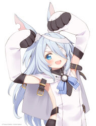 :d animal_ears armpits blue_eyes blue_hair breasts copyright_notice dot_nose elbow_gloves female gloves hair_between_eyes highres little_witch_nobeta long_hair looking_at_viewer monica_(little_witch_nobeta) official_art open_mouth simple_background small_breasts smile solo upper_body very_long_hair white_background 