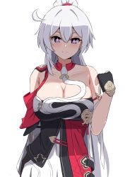  black_gloves blue_eyes breasts chinese_clothes cleavage closed_mouth collarbone commentary diamond-shaped_pupils diamond_(shape) female fingerless_gloves gloves hair_between_eyes hand_up highres honkai_(series) honkai_impact_3rd kiana_kaslana kiana_kaslana_(ba-dum!_fiery_wishing_star) large_breasts long_hair looking_at_viewer marin_liekuriva purple_eyes side_ahoge simple_background smile solo symbol-shaped_pupils very_long_hair white_background white_hair 