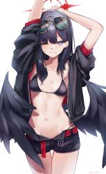  armpits arms_up bikini black_bikini black_hair black_jacket black_shorts black_wings blue_archive blush breasts closed_mouth cowboy_shot eyewear_on_head feathered_wings female halo highres ichika_(blue_archive) ichika_(swimsuit)_(blue_archive) jacket kie_(yospcd) long_hair long_sleeves looking_at_viewer low_wings navel official_alternate_costume open_clothes open_jacket red_halo shorts simple_background small_breasts smile solo standing stomach sunglasses swimsuit very_long_hair white_background wings 