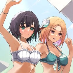  2girls aoi_erika black_hair blonde_hair blue_eyes breasts flower green_eyes hair_flower hair_ornament heaven_burns_red highres medium_breasts minase_ichigo multiple_girls natsuki_(muravito) short_hair swimsuit upper_body 