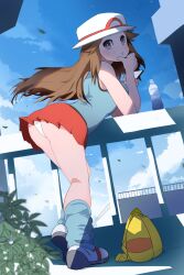  bag bent_over bottle brown_hair bucket_hat closed_mouth cloud commentary_request day falling_leaves female floating_hair grey_eyes hat highres holding leaf leaf_(pokemon) long_hair looking_back loose_socks outdoors panties pleated_skirt pokemon pokemon_frlg red_skirt shirt shoes skirt sky sleeveless sleeveless_shirt socks solo suo_(esu) underwear unworn_bag water_bottle white_hat white_panties wind 