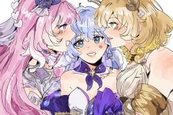 3girls aglaea_(honkai:_star_rail) aqua_eyes bare_shoulders blonde_hair blue_hair blush choker cyrene_(honkai:_star_rail) eye_contact green_eyes grin highres honkai:_star_rail honkai_(series) hyastelle long_hair looking_at_another multiple_girls pink_hair purple_choker purple_eyes robin_(honkai:_star_rail) smile upper_body white_background yuri 