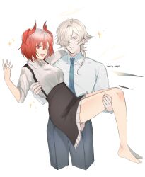  1boy absurdres arknights bird_girl bishounen carrying enforcer_(arknights) female fiammetta_(arknights) halo highres kyona_7898 princess_carry red_hair straight 