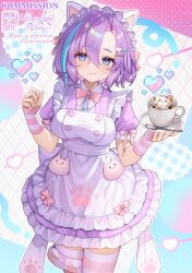  :3 abandon_ranka ahoge animal_ears apron blue_eyes blue_hair blush bow bowtie breasts cat_ears closed_mouth collared_shirt cowboy_shot cup dress female fish_hair_ornament frilled_apron frills hair_ornament hairclip hands_up highres indie_virtual_youtuber looking_at_viewer medium_breasts multicolored_hair pink_bow pink_bowtie purple_dress purple_hair shino_kuyuru shirt solo streaked_hair striped_clothes striped_thighhighs thighhighs two-tone_hair virtual_youtuber watermark white_apron white_shirt white_thighhighs 