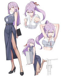  armpits arms_behind_back arms_up barefoot black_shoes c-eye clenched_hands commentary_request dougi female full_body grey_shirt hair_ribbon high_heels highres holding holding_paper incoming_attack incoming_punch lanyard long_hair looking_at_viewer mouth_hold multiple_views office_lady open_mouth original paper paper_stack parted_lips pink_eyes pink_hair ponytail pumps punching ribbon ribbon_in_mouth shirt shoes side_slit simple_background skirt sleeveless sleeveless_shirt sports_bra tying_hair upper_body white_background white_sports_bra 