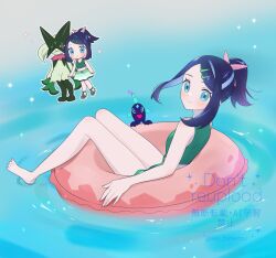  afloat barefoot black_hair blue_eyes chibi closed_mouth commentary eyelashes female hair_ornament hair_ribbon hairclip innertube liko_(pokemon) meowscarada multiple_views pink_ribbon pokemon pokemon_(anime) pokemon_(creature) pokemon_horizons ponytail rei_hinketsu ribbon short_ponytail sidelocks smile sparkle swept_bangs swim_ring swimsuit symbol-only_commentary terapagos toes twitter_username water watermark 