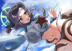  absurdres aqua_eyes bikini bikini_bottom_only blue_archive blue_bikini blue_jacket blue_sleeves bra bra_visible_through_clothes breasts cloud cropped_jacket cropped_rash_guard day diving_mask diving_mask_on_head female fish_hook fishing_line fishing_rod from_below goggles goggles_on_head green_halo halo highres jacket large_breasts light_blush midriff multicolored_jacket naka1379 navel octopus official_alternate_costume open_mouth outdoors purple_hair raglan_sleeves rash_guard saki_(blue_archive) saki_(swimsuit)_(blue_archive) see-through_clothes short_hair sky solo starfish swimsuit two-tone_jacket underwear water_drop wet wet_clothes white_jacket zipper 