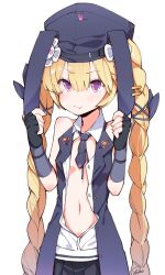  animal_ears artist_name black_gloves black_necktie blonde_hair braid commentary_request cowboy_shot ears_down elbow_gloves fake_animal_ears female fingerless_gloves girls&#039;_frontline gloves hair_ribbon hat highres holding_ears jacket korean_commentary long_hair navel necktie no_bra open_clothes pout purple_eyes rabbit_ears ribbon signature simple_background skirt sleeveless solo sr-3mp_(girls&#039;_frontline) tosyeo twin_braids unbuttoned very_long_hair white_background 